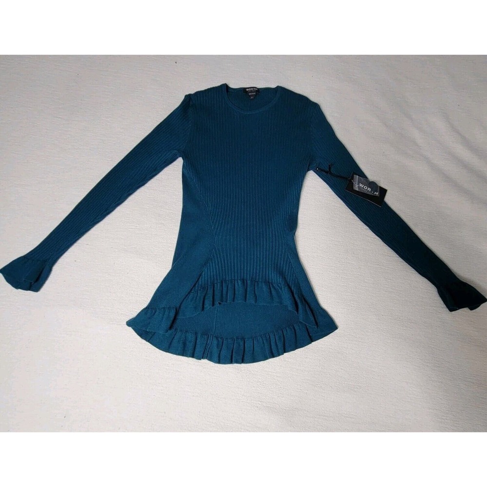 Worth New York Sweater Womens Sz P Lightweight Teal Green Silk Blend Academia - Picture 2 of 16